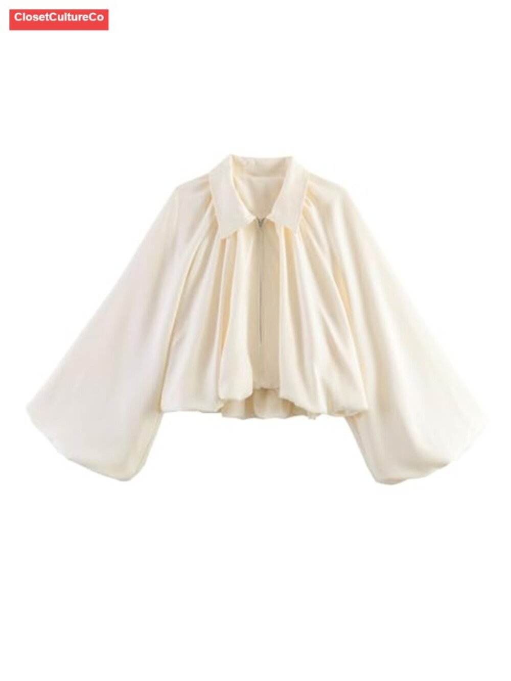 Women's Puffed Sleeve Bomber Jacket Zip Up Cropped Loose Fit Pleated Shirt